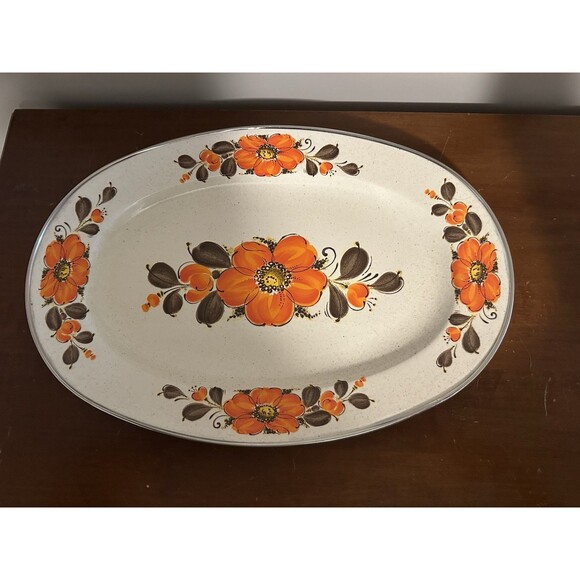 MCM Vintage 1970s Sanko-Ware Show Pans Metal Enamel Orange Poppies Large Platter - Picture 5 of 7